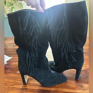 Vince Camuto Black Suede Fringe Mid-Calf Heeled Boots